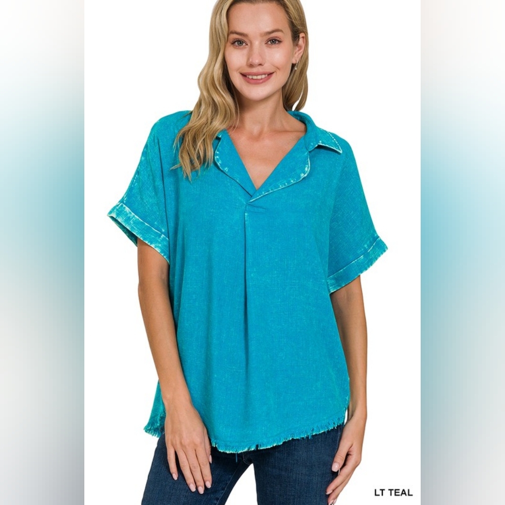 NWT - Washed Linen Blend Raw Edge V-Neck Light Teal Shirt - Size S